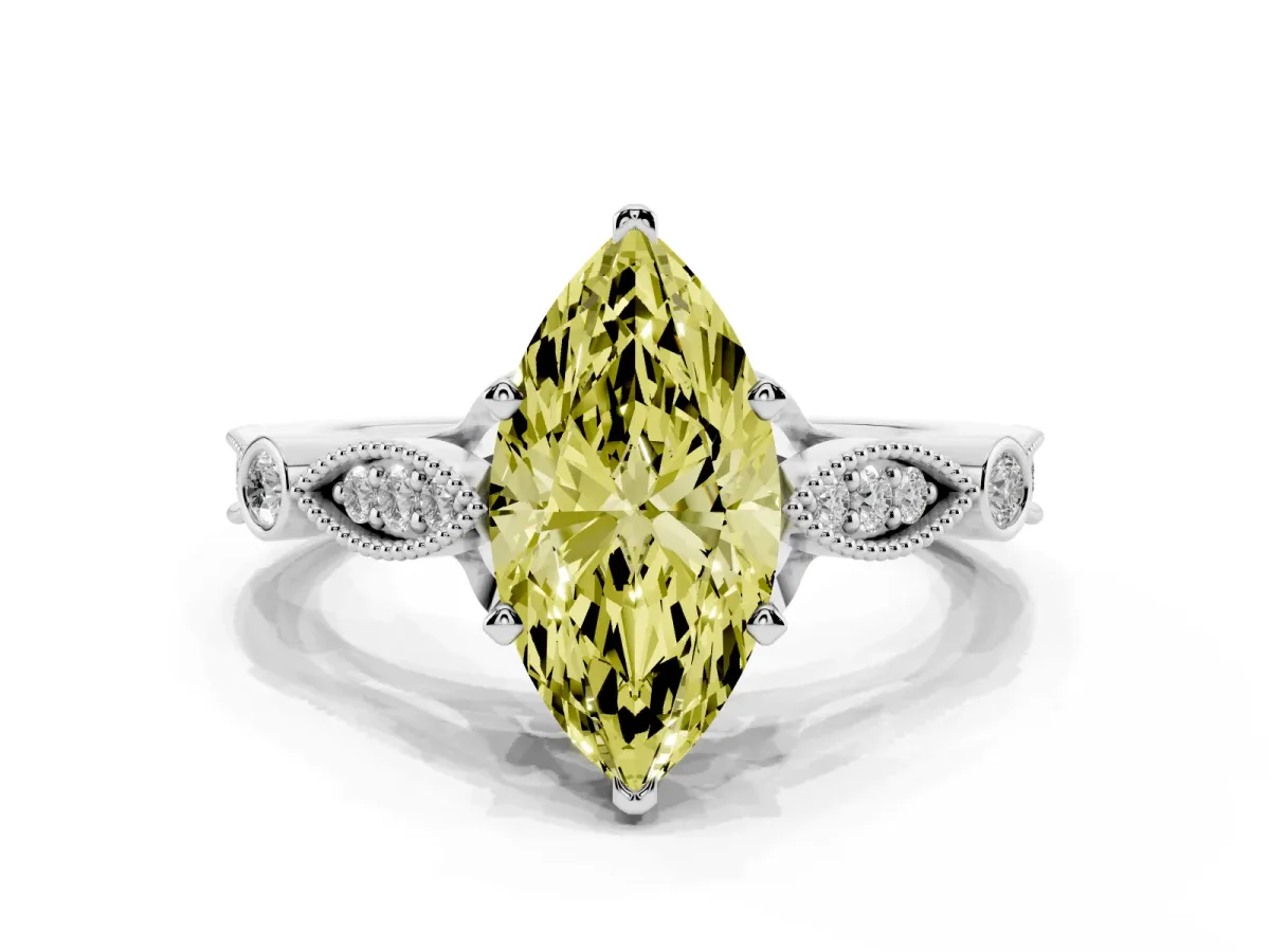 Fancy Yellow Marquise Cut Cut Diamond with Milgrain Marquise and Bezel Accents on a Solitaire Band with Prong Setting Silver