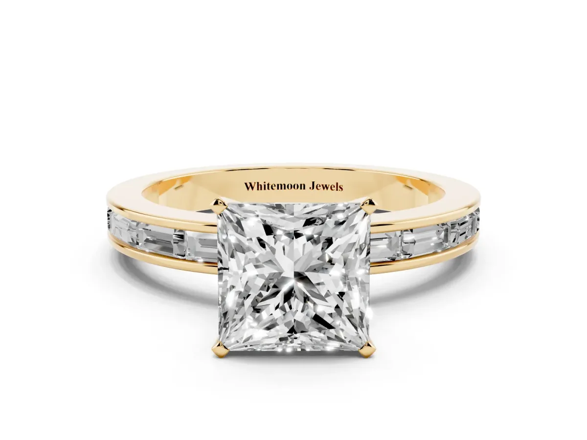 Princess Cut Solitaire Diamond Ring with Channel-Set Baguette Band and Four-Prong Setting Yellow gold