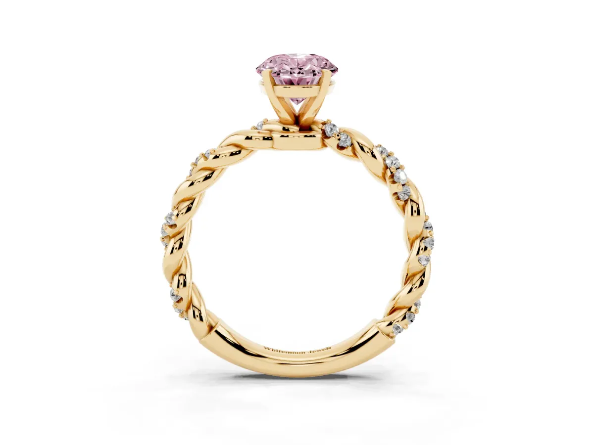 Fancy Pink Oval Cut Diamond Solitaire Ring with Twisted Band and Pavé Accents Yellow gold