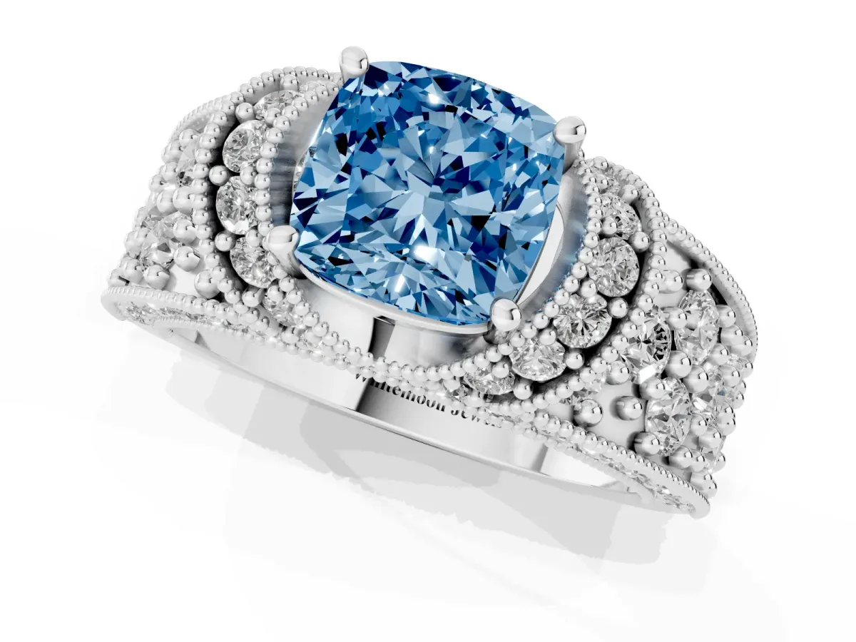 Fancy Blue Cushion Cut Halo Pave Diamond Engagement Ring with Milgrain Detailing Platinum