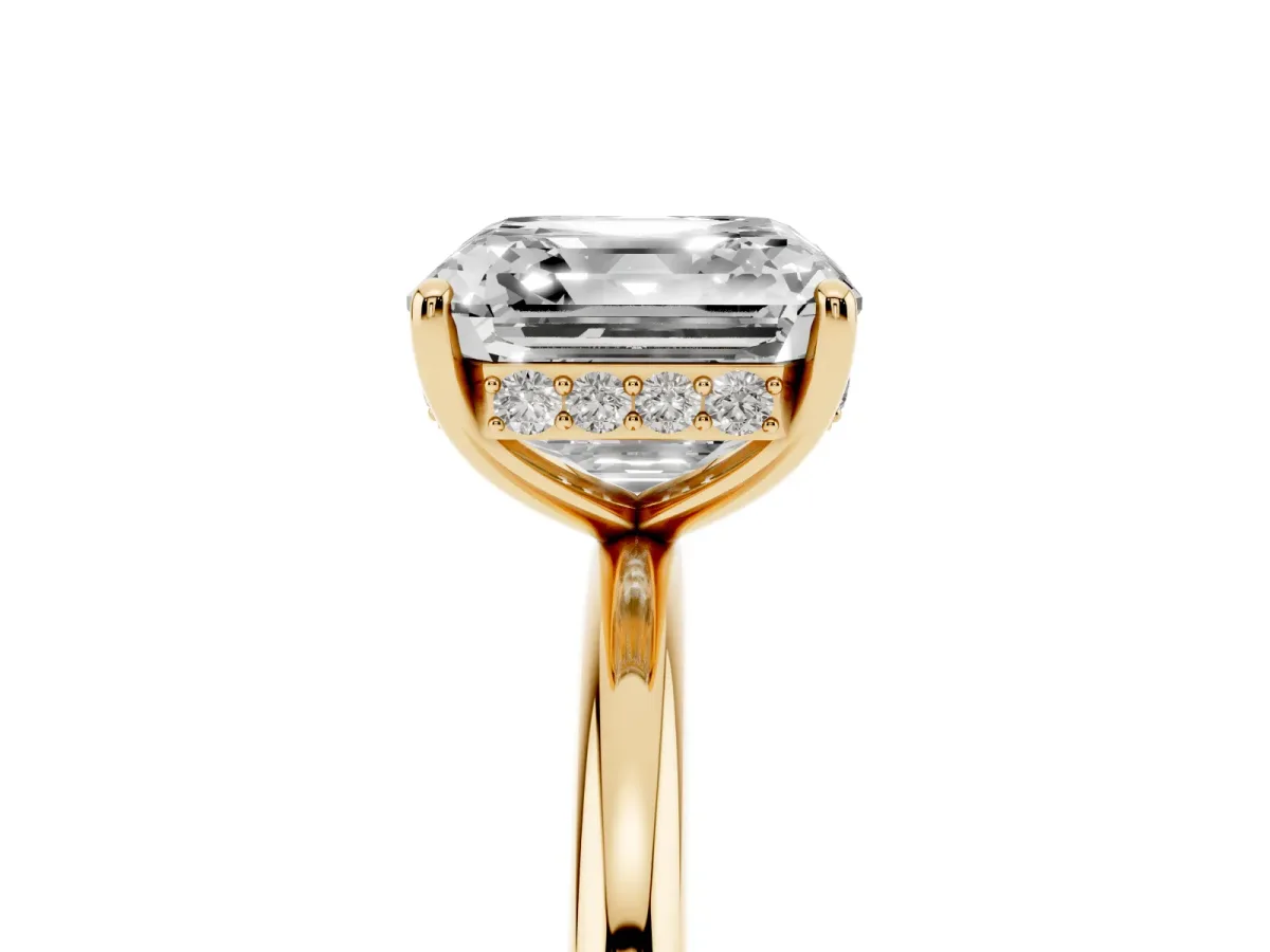 Asscher Cut Solitaire Diamond Ring with a Classic Band and Four-Prong Setting Yellow gold