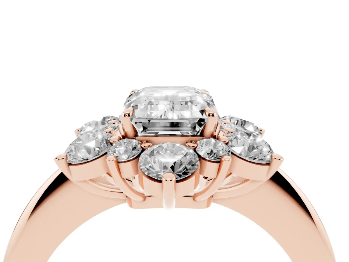 Emerald Cut Diamond Cluster Halo Ring with Solitaire Band and Four-Prong Setting Rose gold