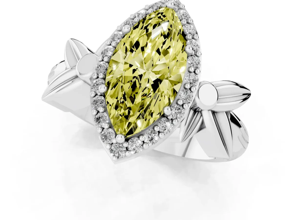 Fancy Yellow Marquise Cut Halo Diamond Floral Band with Four-Prong Setting Platinum