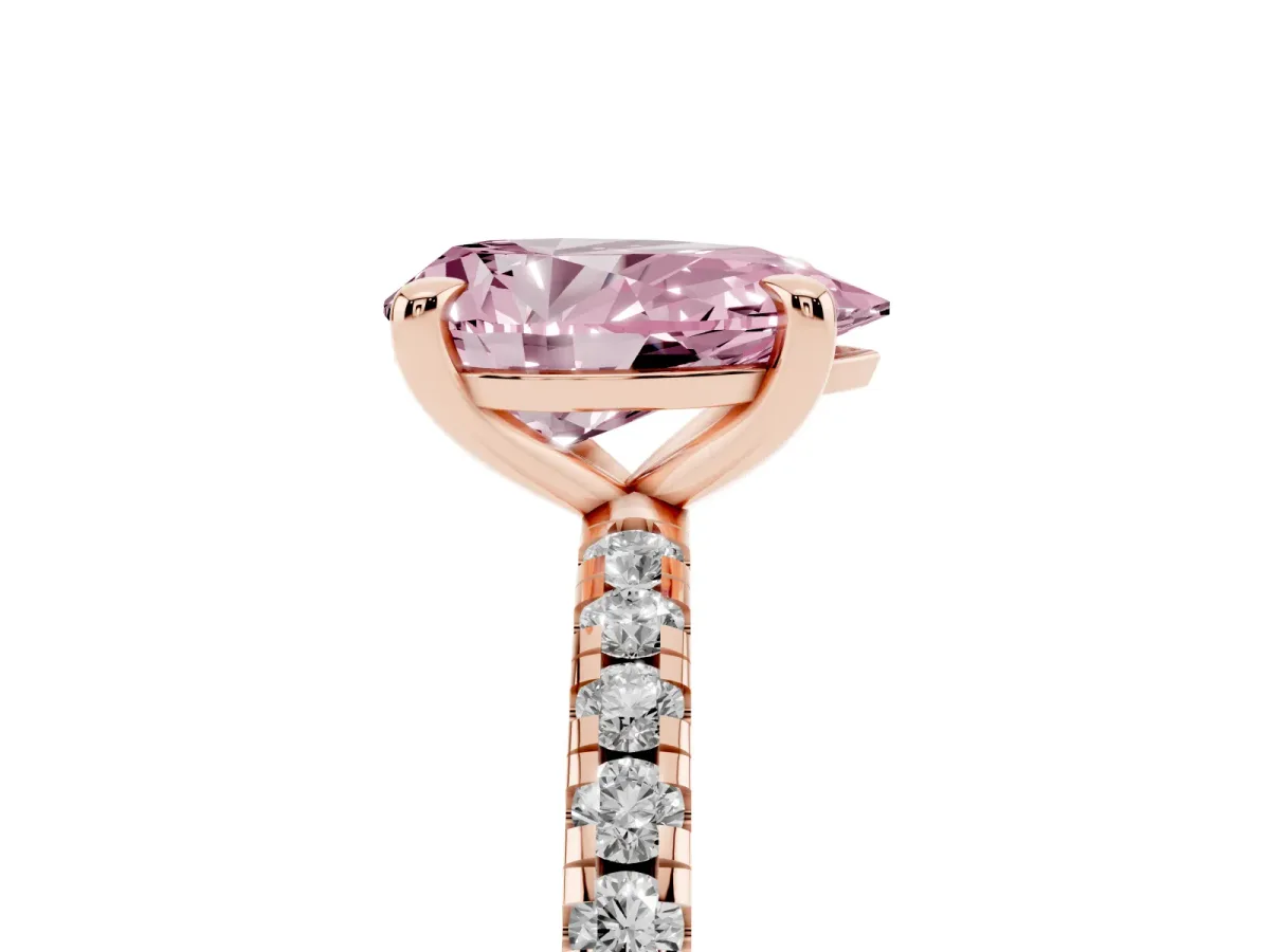 Fancy Pink Pear Cut Diamond Brilliant Solitaire Ring with Pavé Band and Four-Prong Setting Rose gold