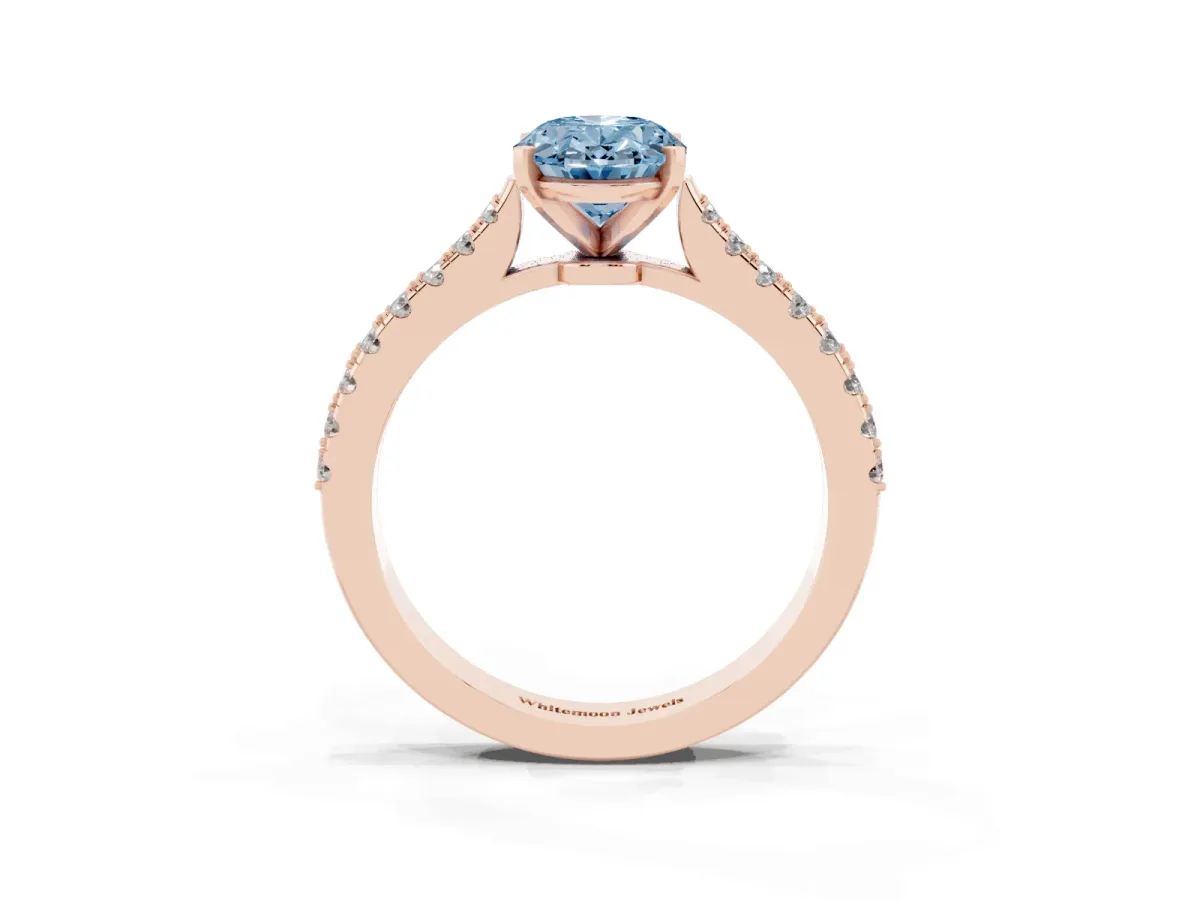Fancy Blue Oval Cut Cut Solitaire Diamond Engagement Ring with Pave Band and Four-Prong Setting Rose gold