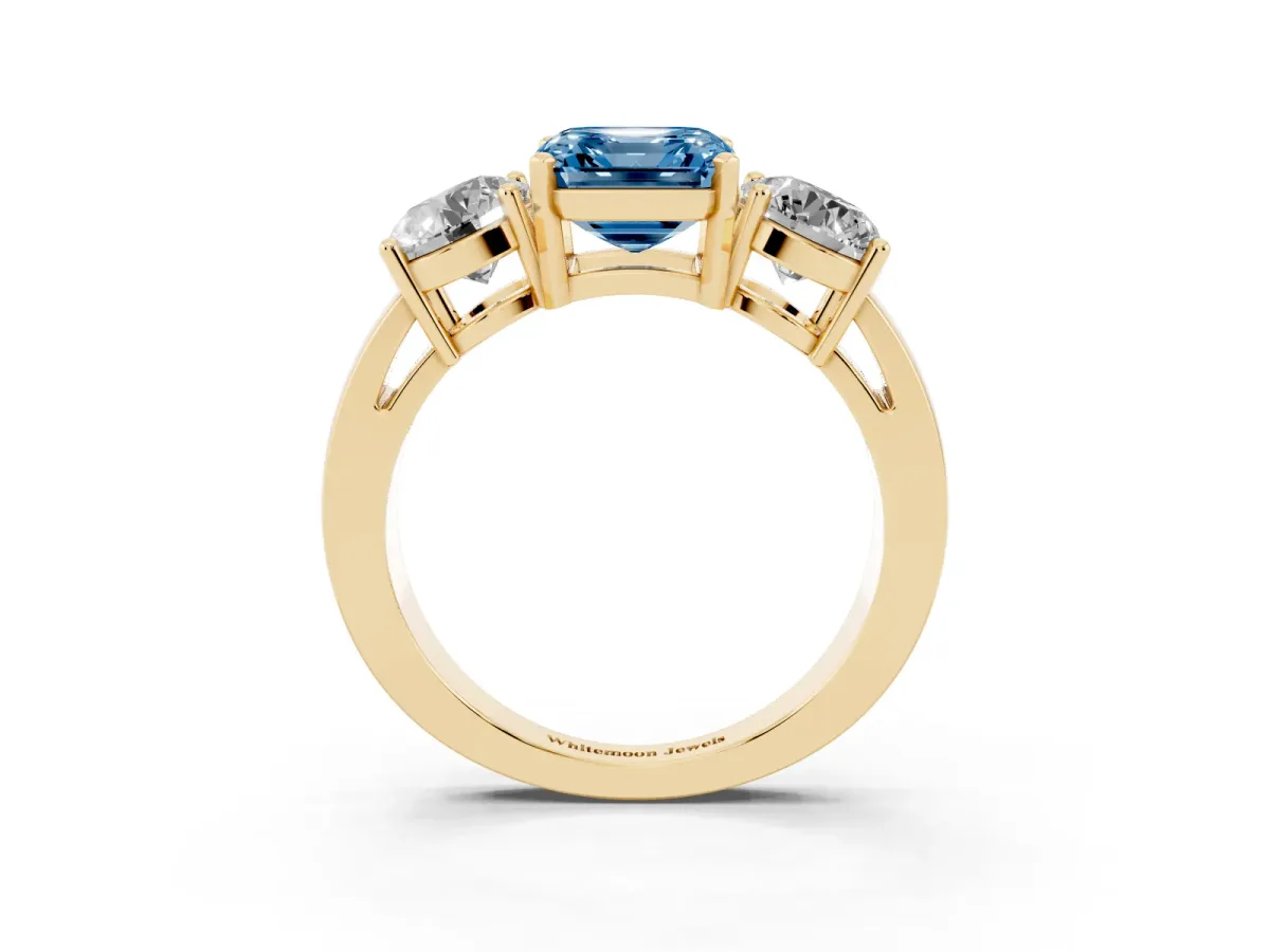 Fancy Blue Three-Stone Asscher Cut Diamond Ring with Round Side Stones, Classic Band, and Four-Prong Setting Yellow gold