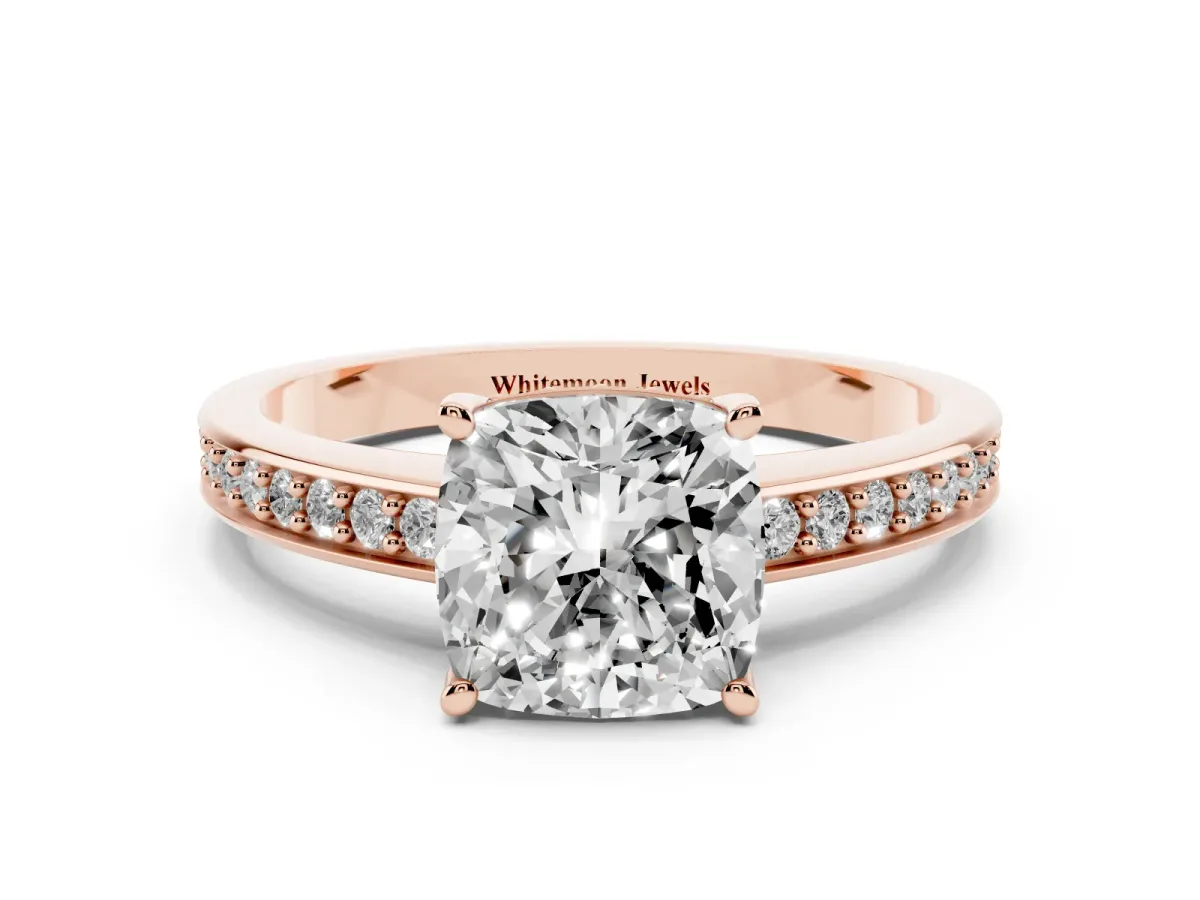 Cushion Cut Solitaire Pavé Band Prong Setting Ring Rose gold