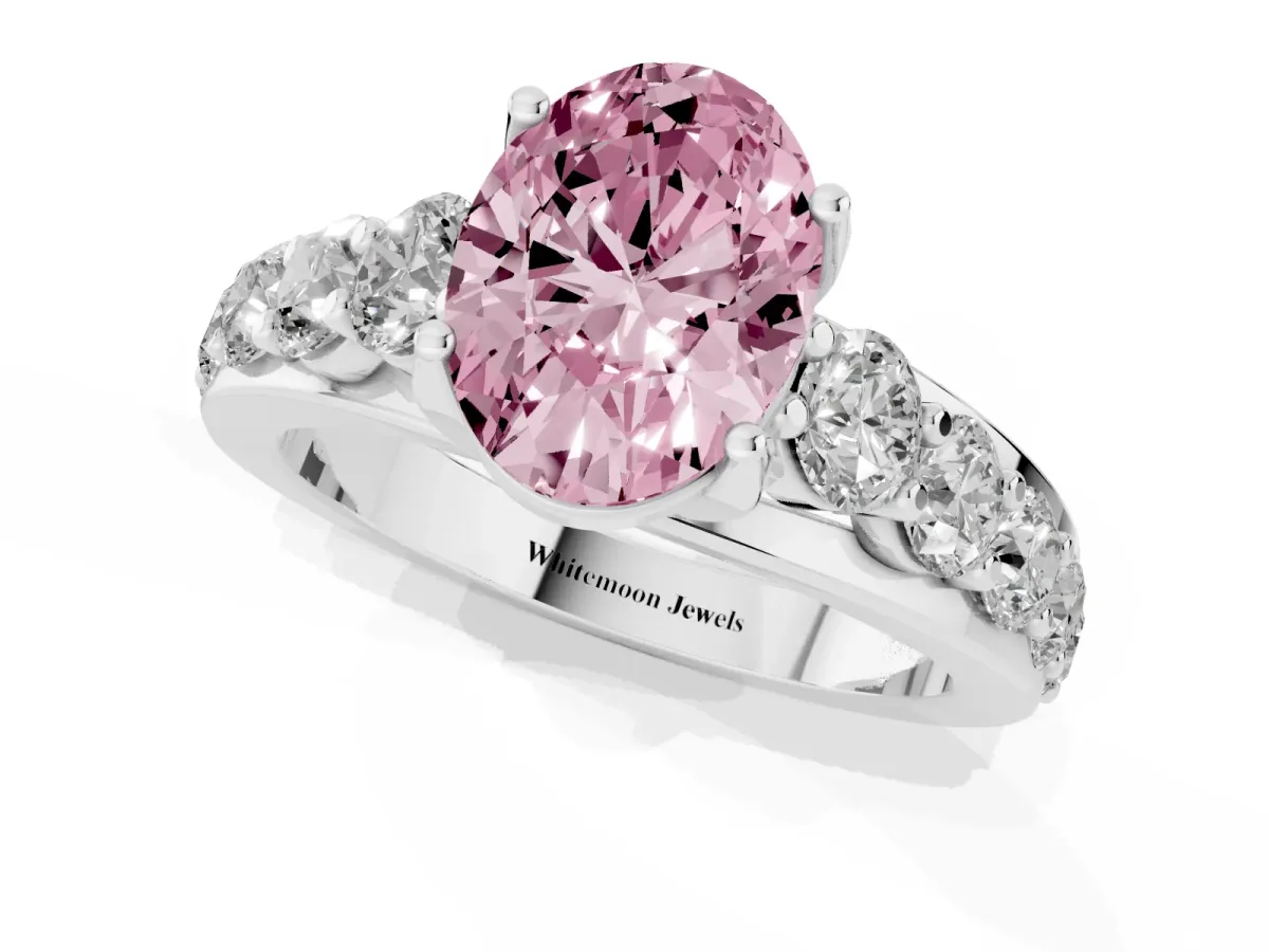 Fancy Pink Oval Cut Diamond Engagement Ring with Pavé Band and Four-Prong Setting Platinum