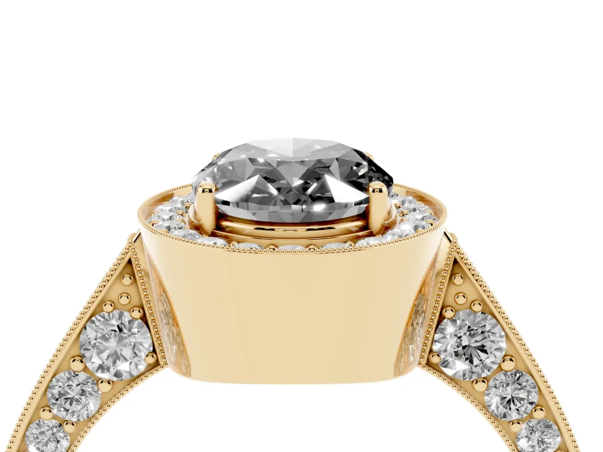 Fancy Black Oval Cut Halo Diamond Engagement Ring with Split Shank Band and Four-Prong Setting Yellow gold