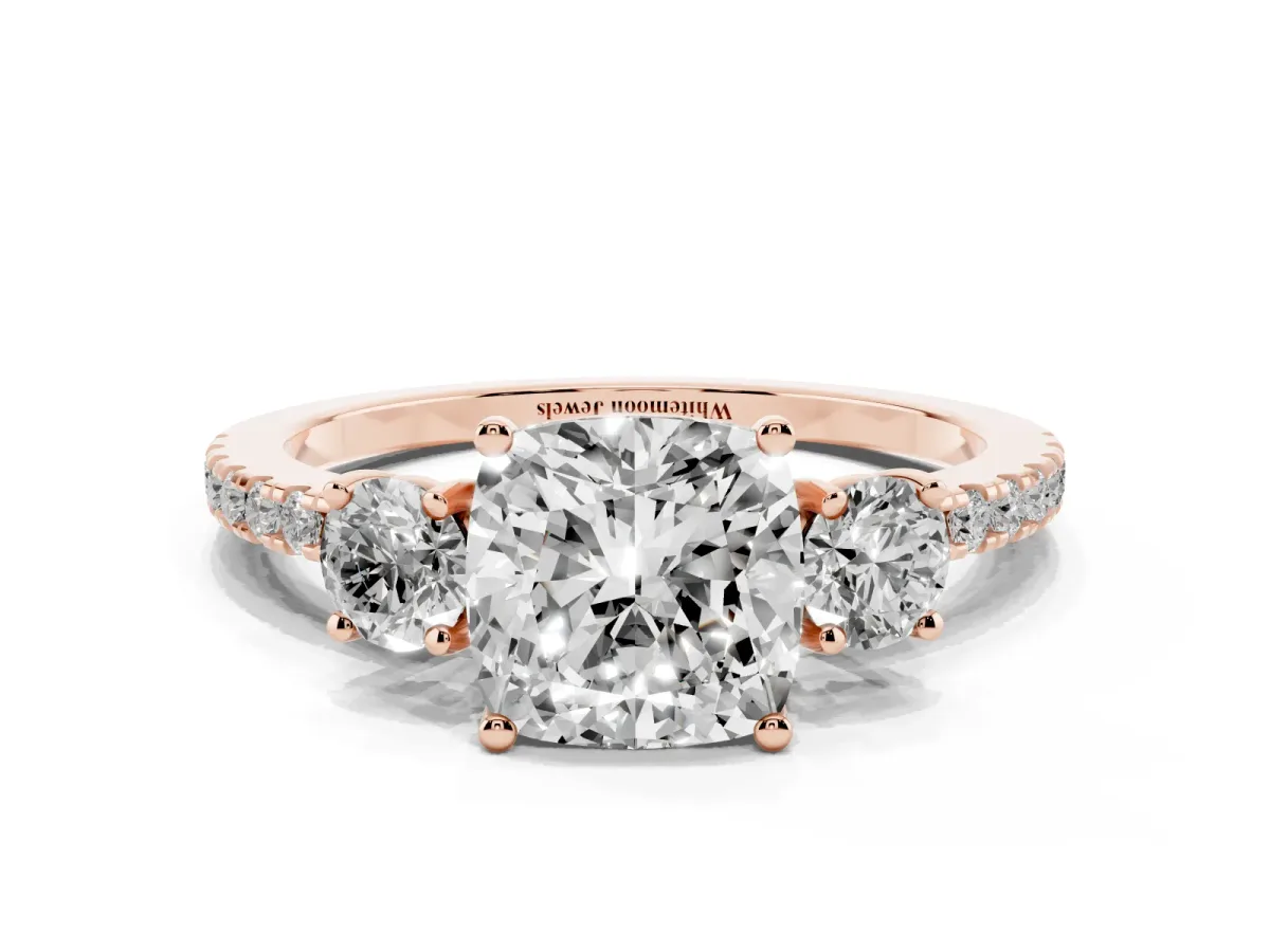 Three-Stone Cushion Cut Cut Diamond Pavé Band with Prong Setting Rose gold