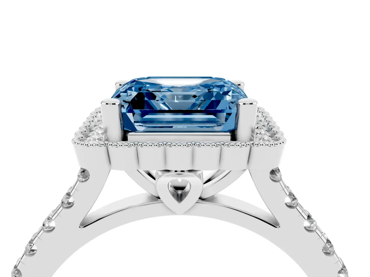 Fancy Blue Asscher Cut Cut Diamond Milgrain Floral Halo Engagement Ring with Pavé Band White gold