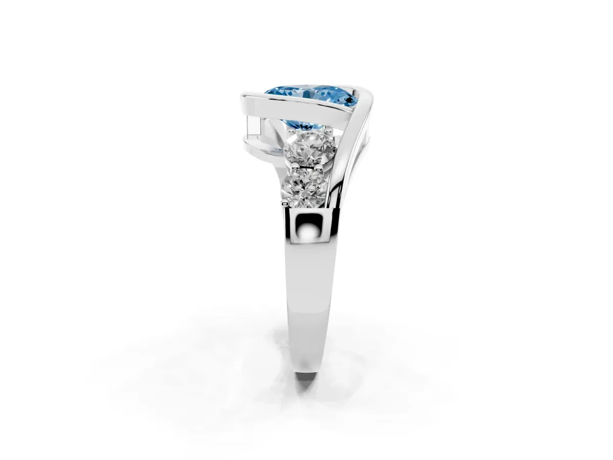 Fancy Blue Bezel Set Oval Cut Diamond Bypass Ring with Round Accents Platinum
