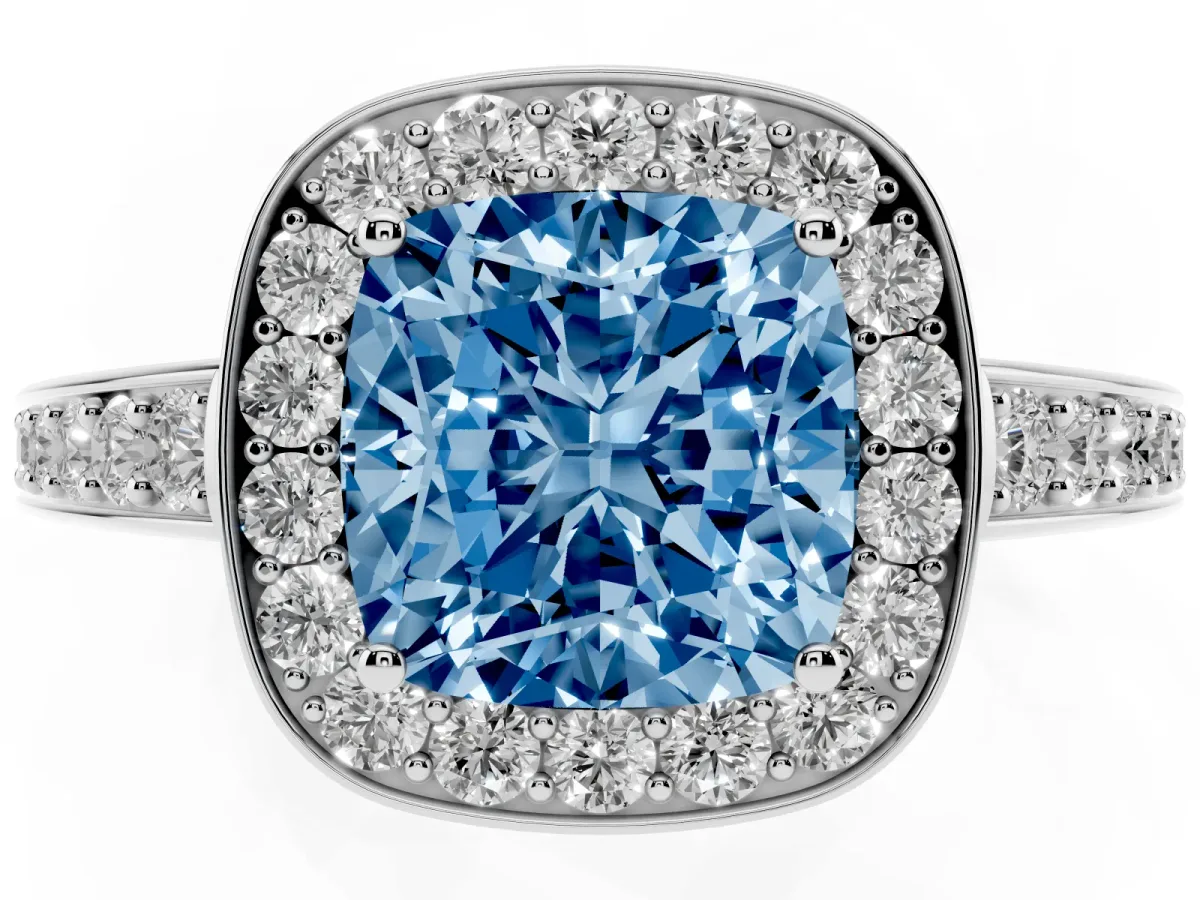 Fancy Blue Cushion Cut Halo Pavé Diamond Engagement Ring with Bezel Setting Platinum