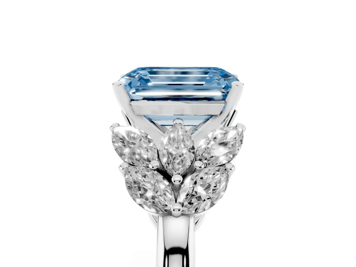 Fancy Blue Emerald Cut Diamond Cluster Leaf Design Ring with Prong Setting White gold