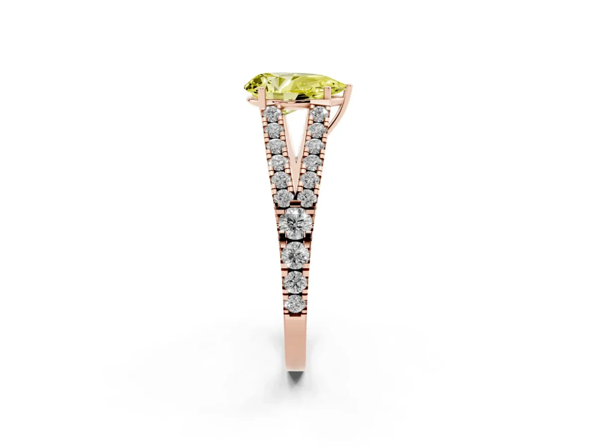 Fancy Yellow Pear Cut Diamond Split Shank Pavé Engagement Ring with Four-Prong Setting Rose gold