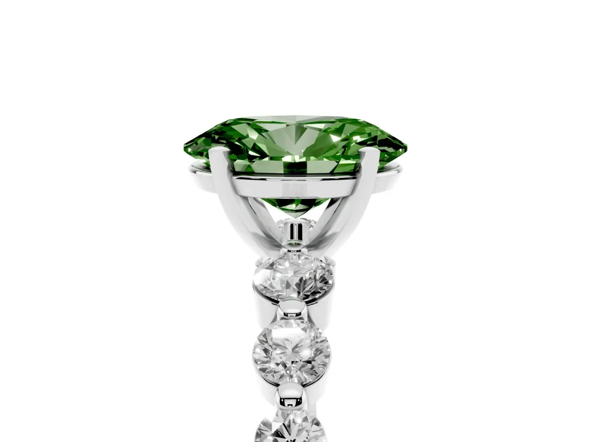 Fancy Green Oval Cut Solitaire Diamond Ring with Pave Band and Four-Prong Setting Silver