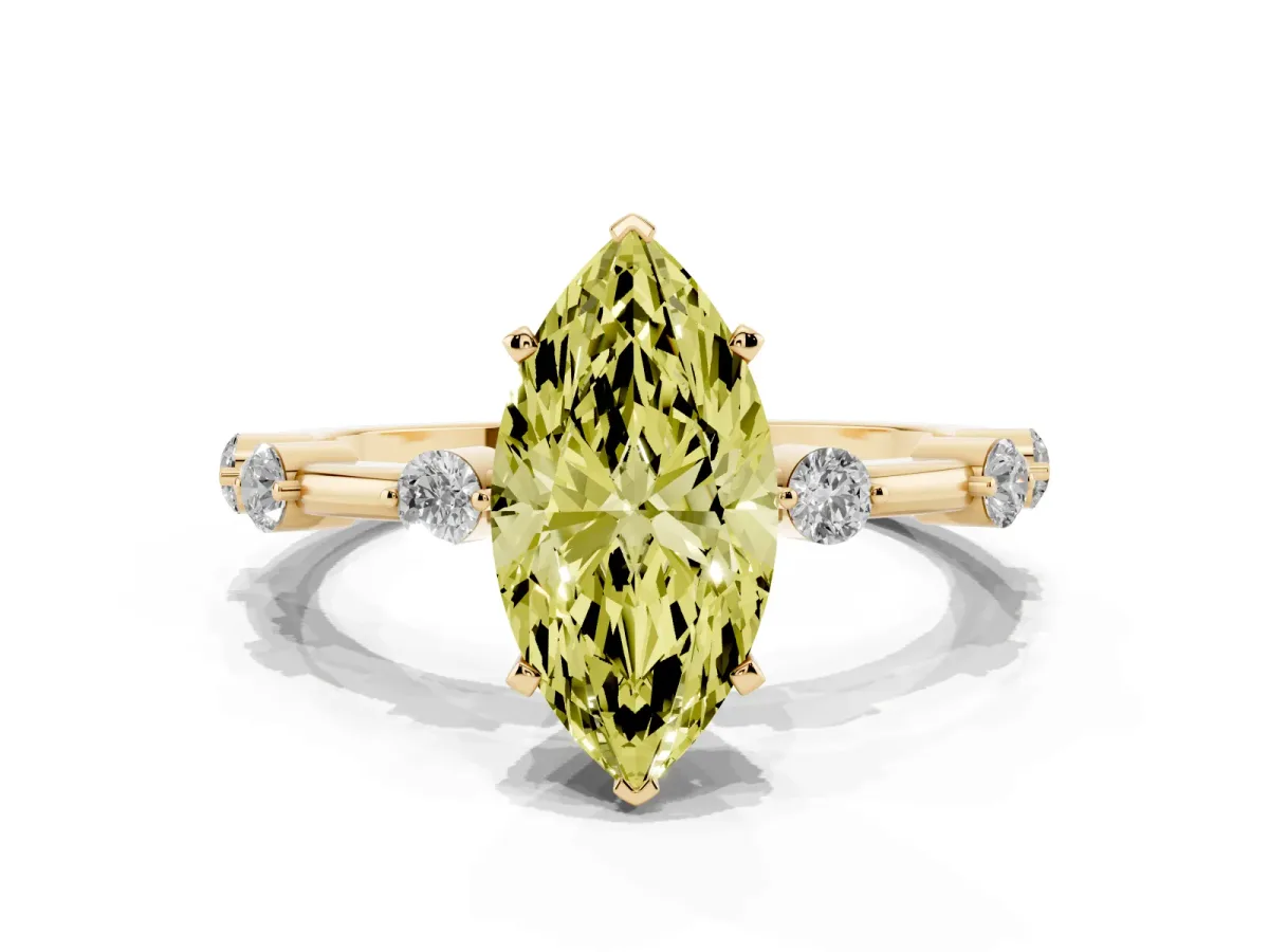 Fancy Yellow Marquise Cut Solitaire Diamond Ring with Bezel Set Side Stones and Prong Setting Yellow gold