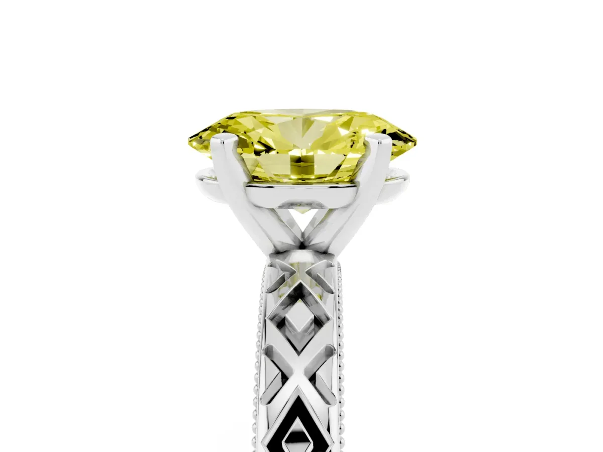 Fancy Yellow Oval Cut Solitaire Diamond Ring with Milgrain and Black Enamel X Pattern Band Silver