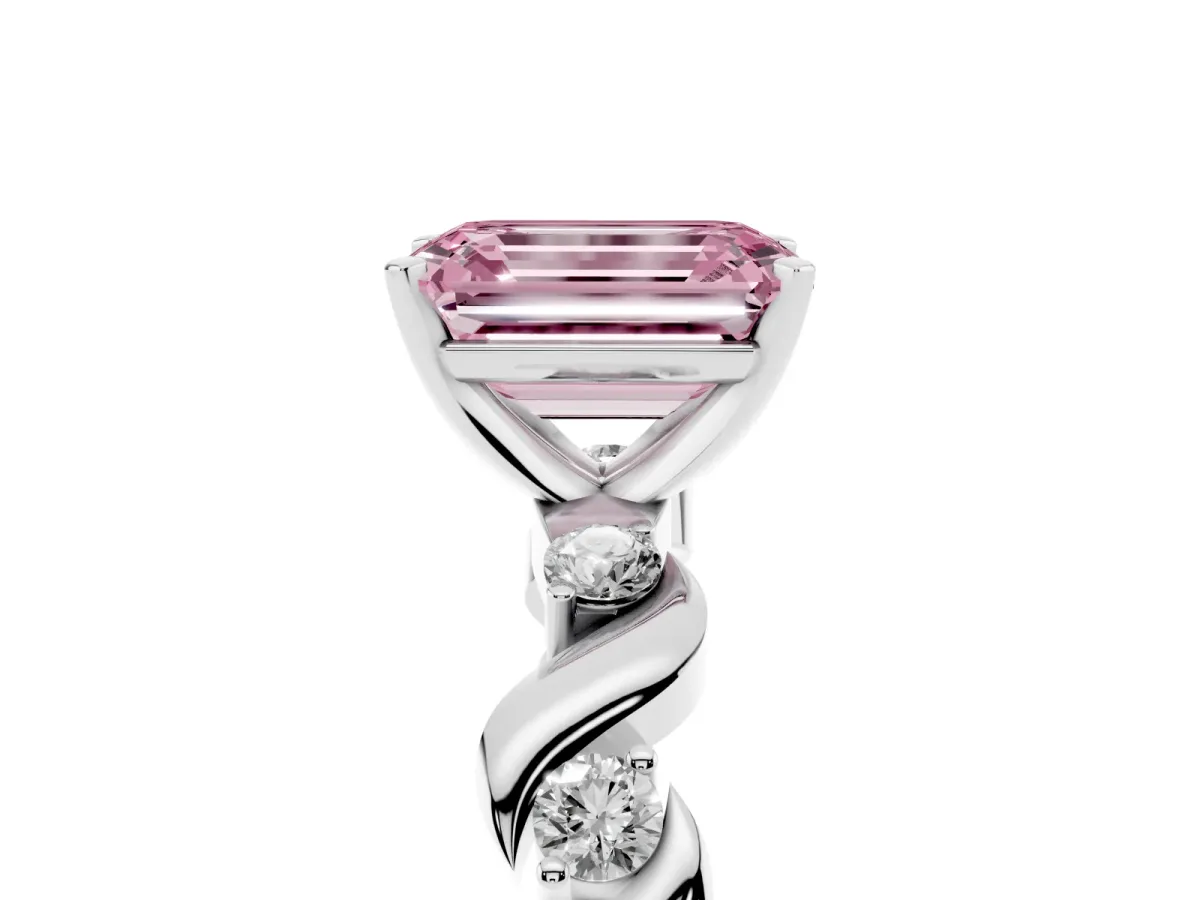 Fancy Pink Emerald Cut Diamond Solitaire Twisted Band with Round Accents and Prong Setting Silver