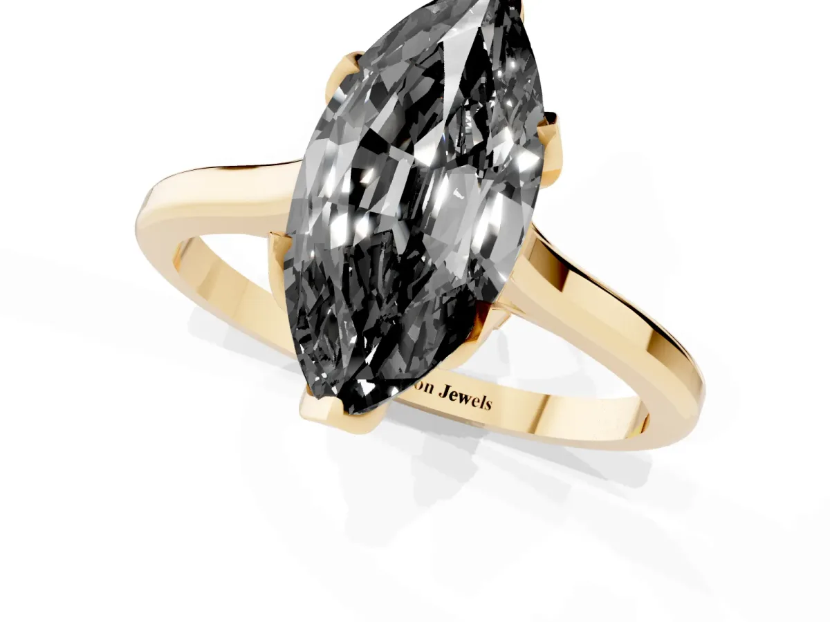 Fancy Black Marquise Cut Diamond Solitaire Ring with Flower Prong Setting and Classic Band Yellow gold