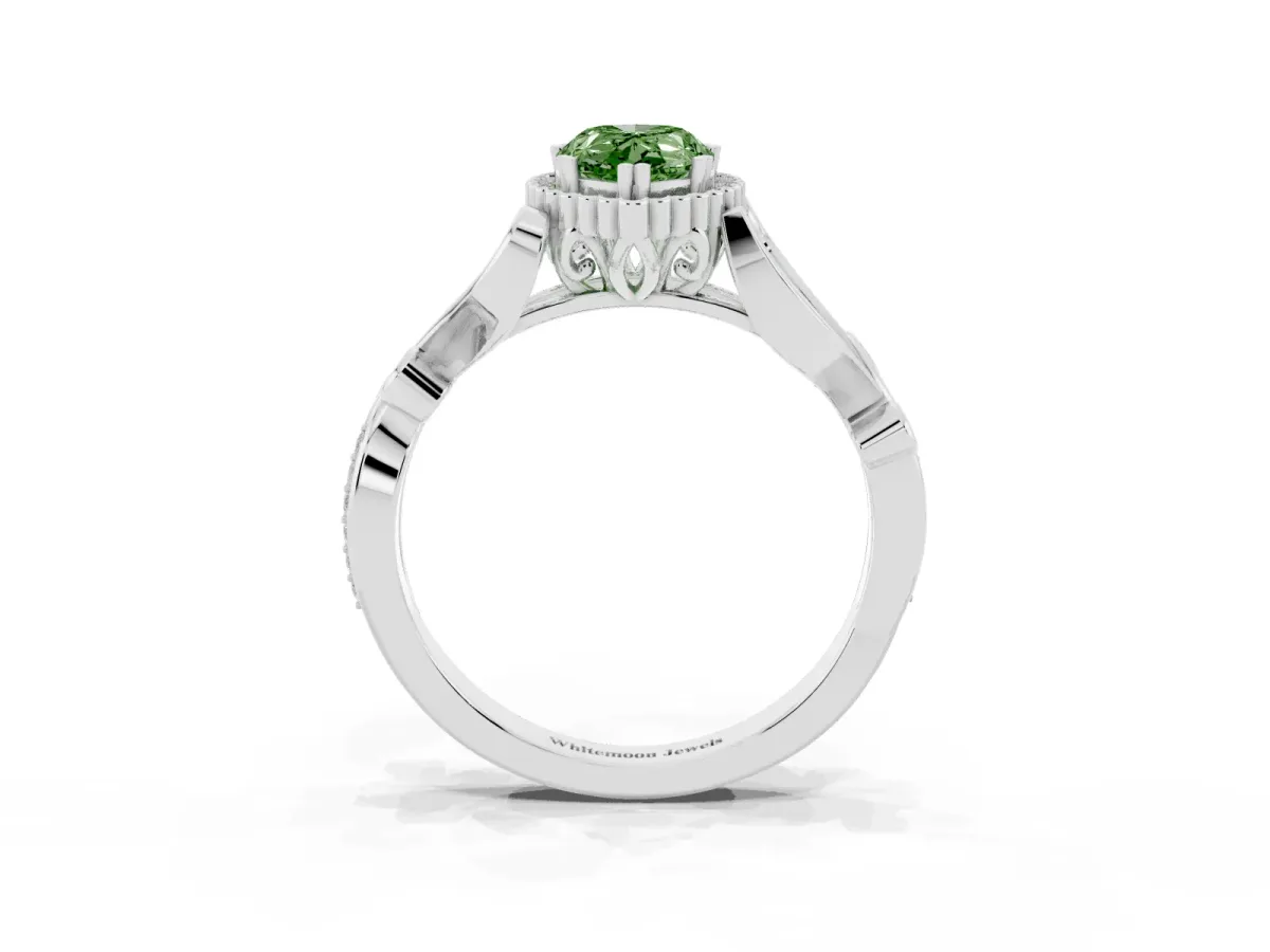 Fancy Green Pear Cut Diamond Halo Ring with Vintage Split Shank and Four-Prong Setting Silver