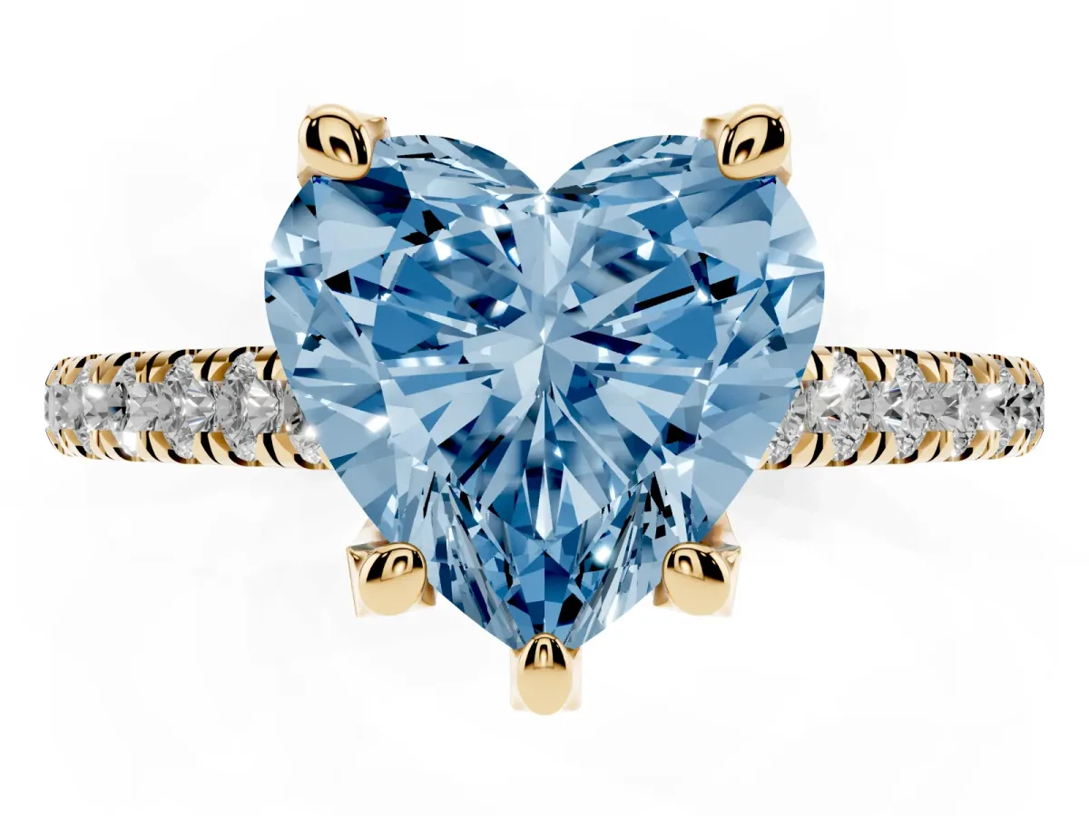 Fancy Blue Heart Cut Brilliant Diamond Solitaire with Pavé Band and Four-Prong Setting Yellow gold