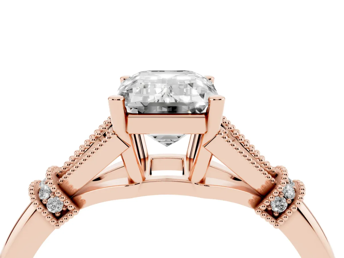 Emerald Cut Diamond Solitaire Ring with Floral Filigree and Pave Accents Rose gold