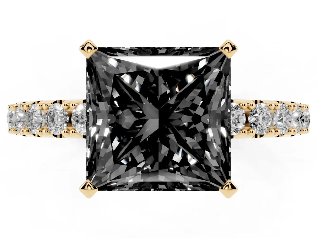Fancy Black Princess Cut Diamond Solitaire Pavé Band with Four-Prong Setting Yellow gold