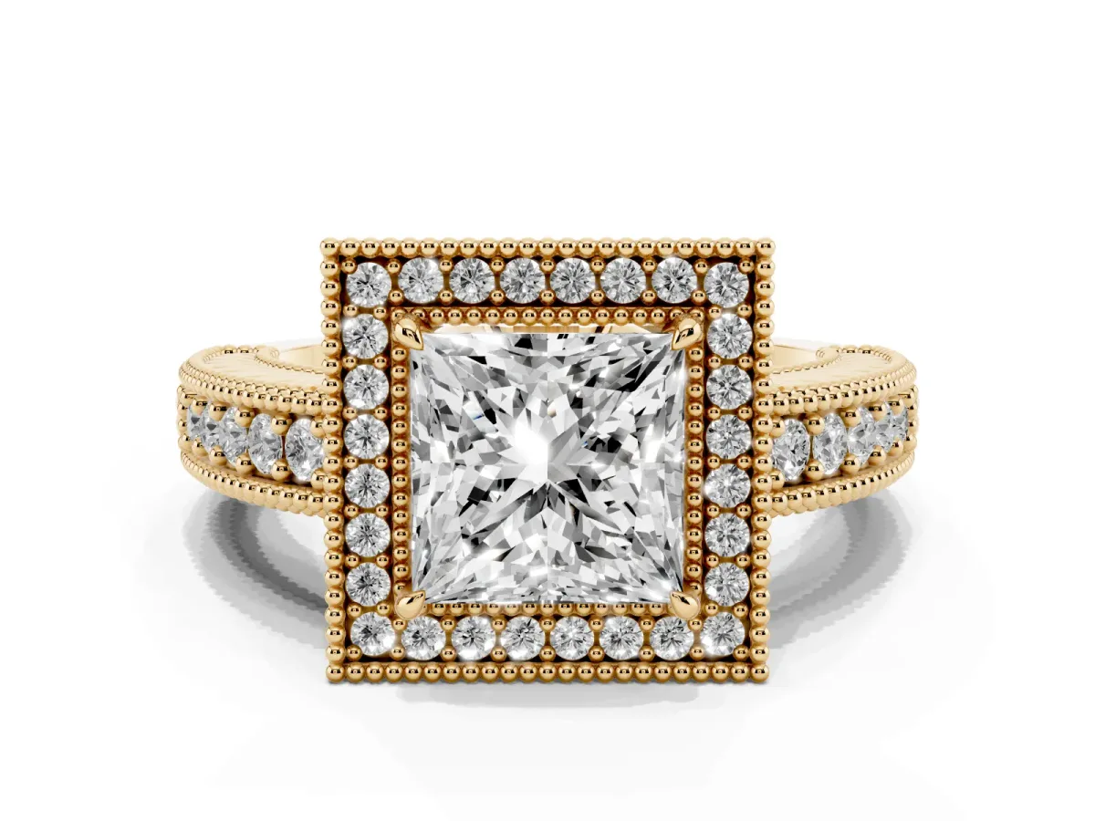 Princess Cut Cut Halo Diamond Ring with Pavé Band and Four-Prong Setting Yellow gold