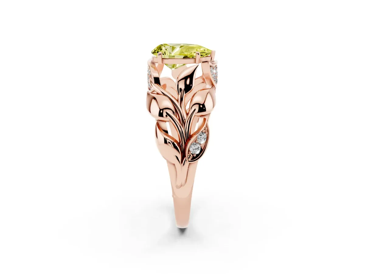Fancy Yellow Pear Cut Diamond Leaf-Inspired Engagement Ring with Round Accents and Prong Setting Rose gold