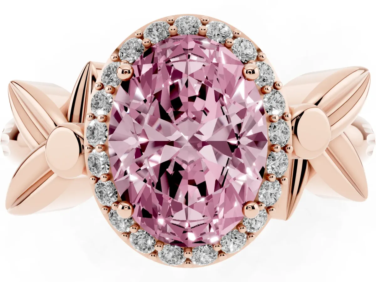 Fancy Pink Oval Cut Halo Diamond Floral Band with Four-Prong Setting Rose gold