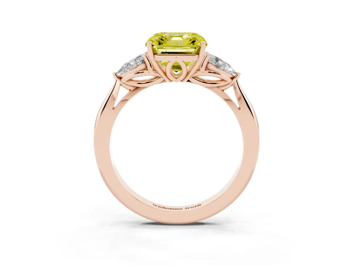 Fancy Yellow Three-Stone Asscher Cut Brilliant Diamond Solitaire Ring with Tapered Band and Four-Prong Setting Rose gold