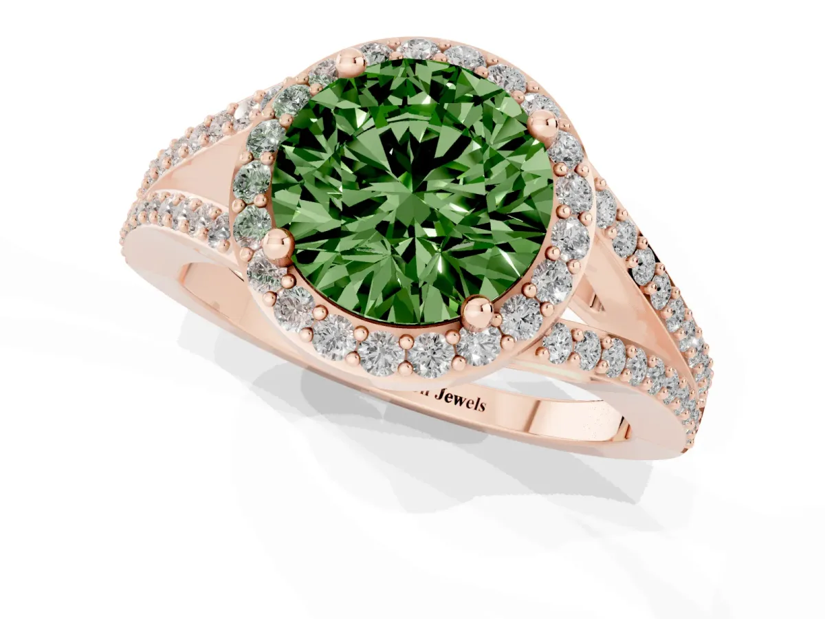 Fancy Green Round Cut Halo Split Shank Pave Diamond Ring with Four-Prong Setting Rose gold