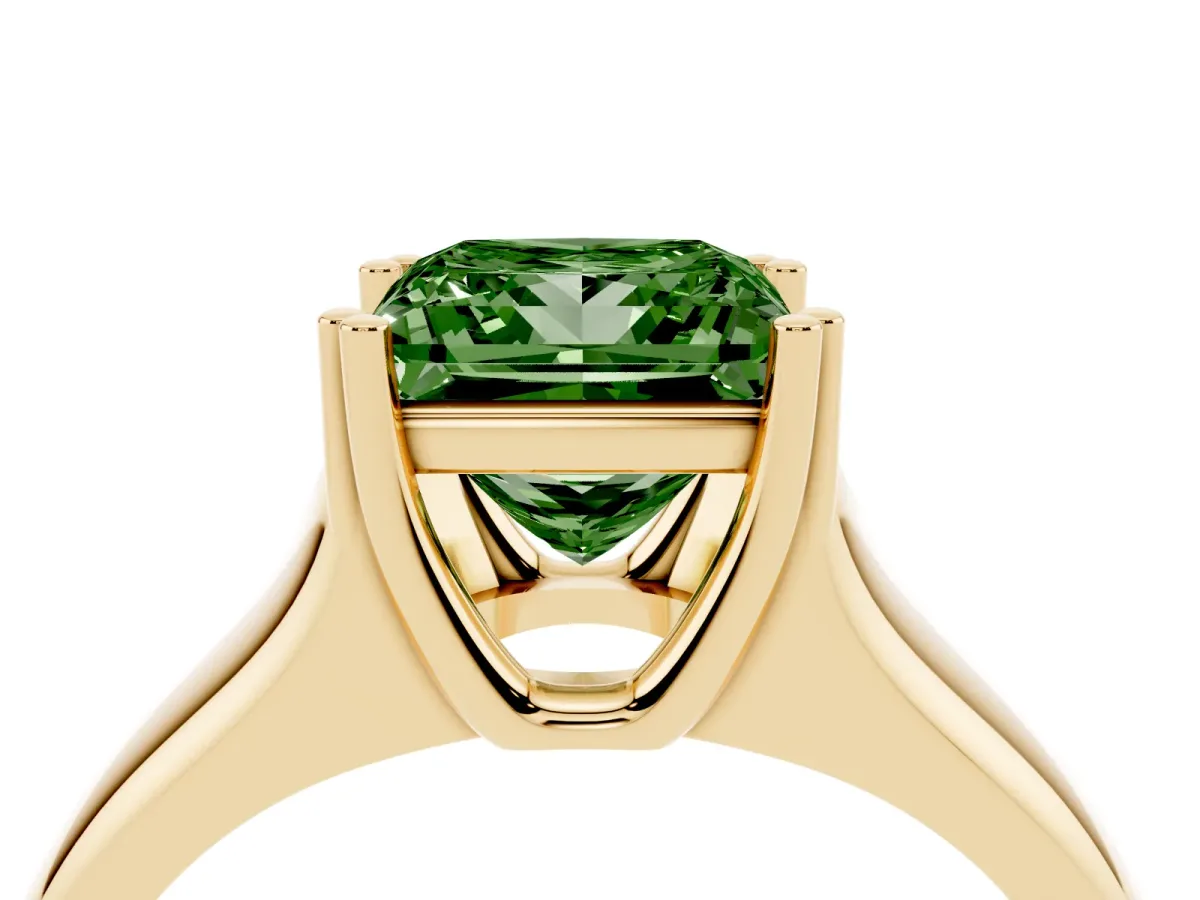 Fancy Green Princess Cut Diamond Solitaire Ring with Wide Band and Prong Setting Yellow gold