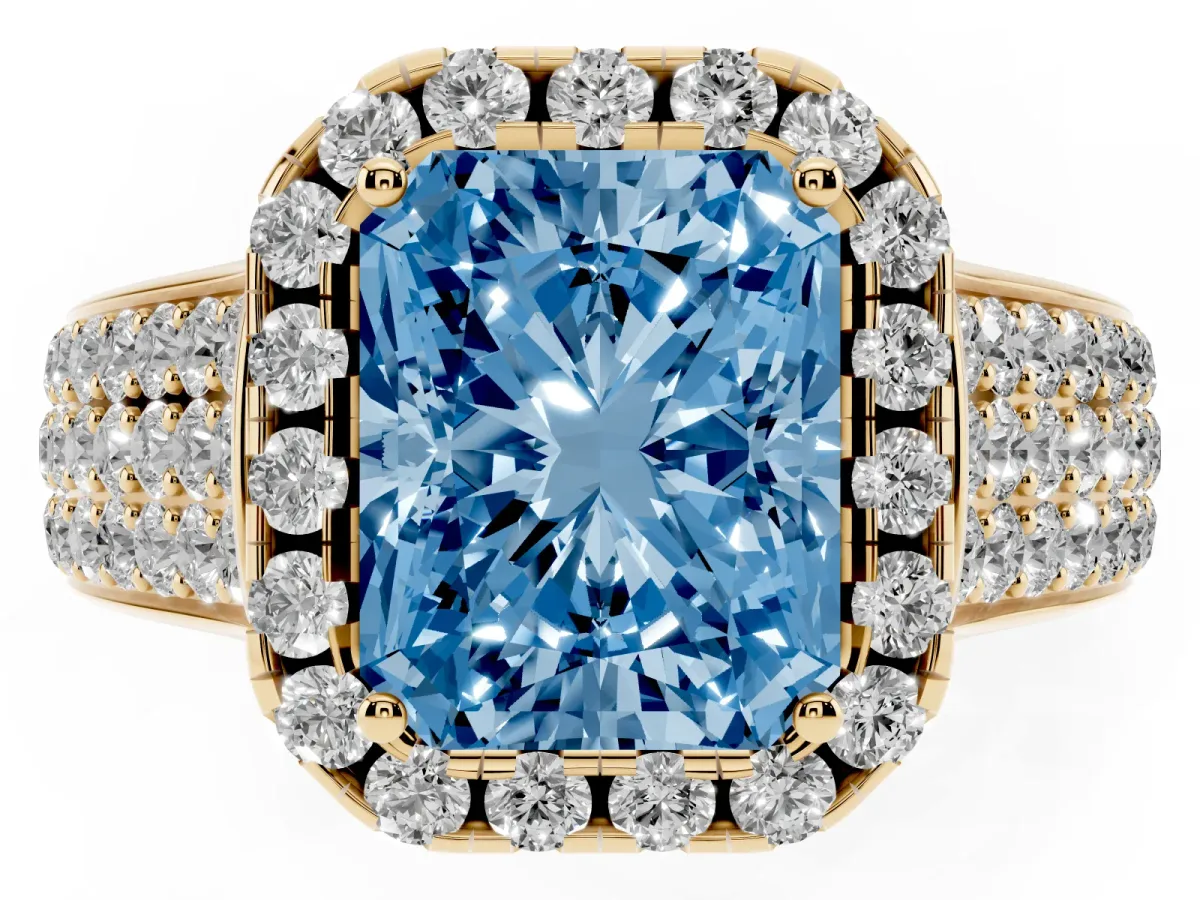 Fancy Blue Radiant Cut Halo Round Diamond Pave Band with Prong Setting Yellow gold