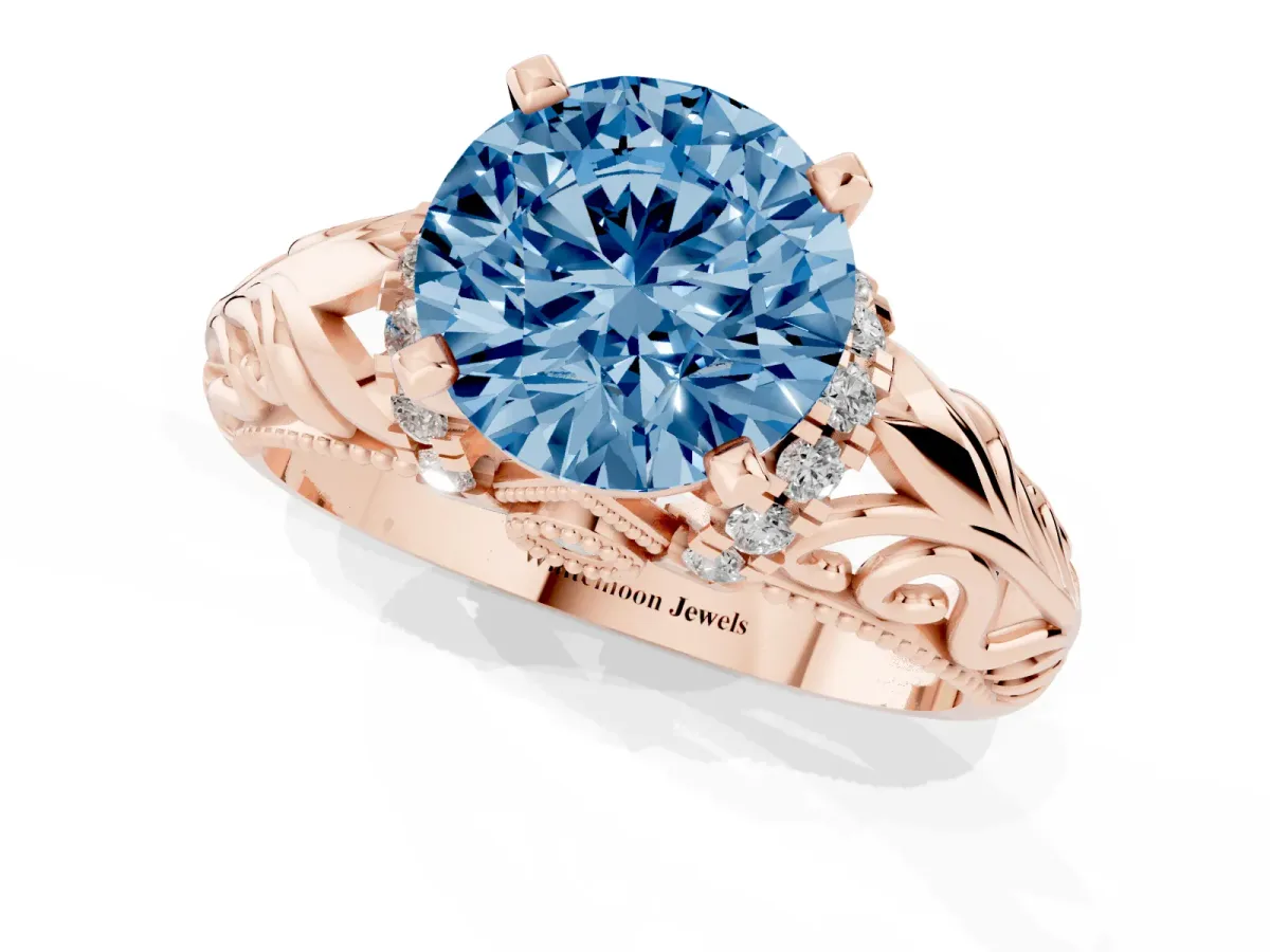 Fancy Blue Round Cut Solitaire Filigree Engagement Ring with Halo and Prong Setting Rose gold