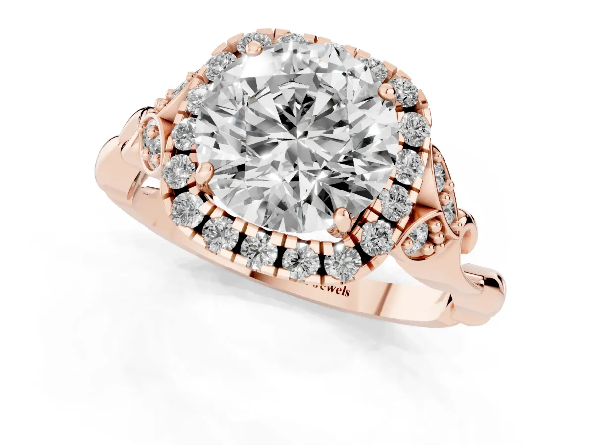 Round Cut Halo Diamond Engagement Ring with Vintage-Inspired Band and Four-Prong Setting Rose gold