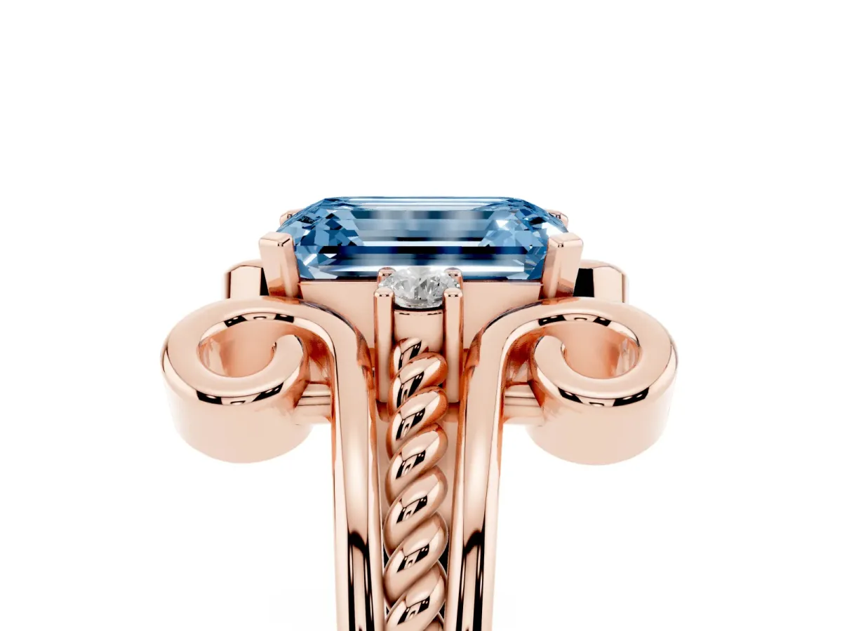 Fancy Blue Emerald Cut Solitaire Twisted Band Scroll Prong Ring Rose gold