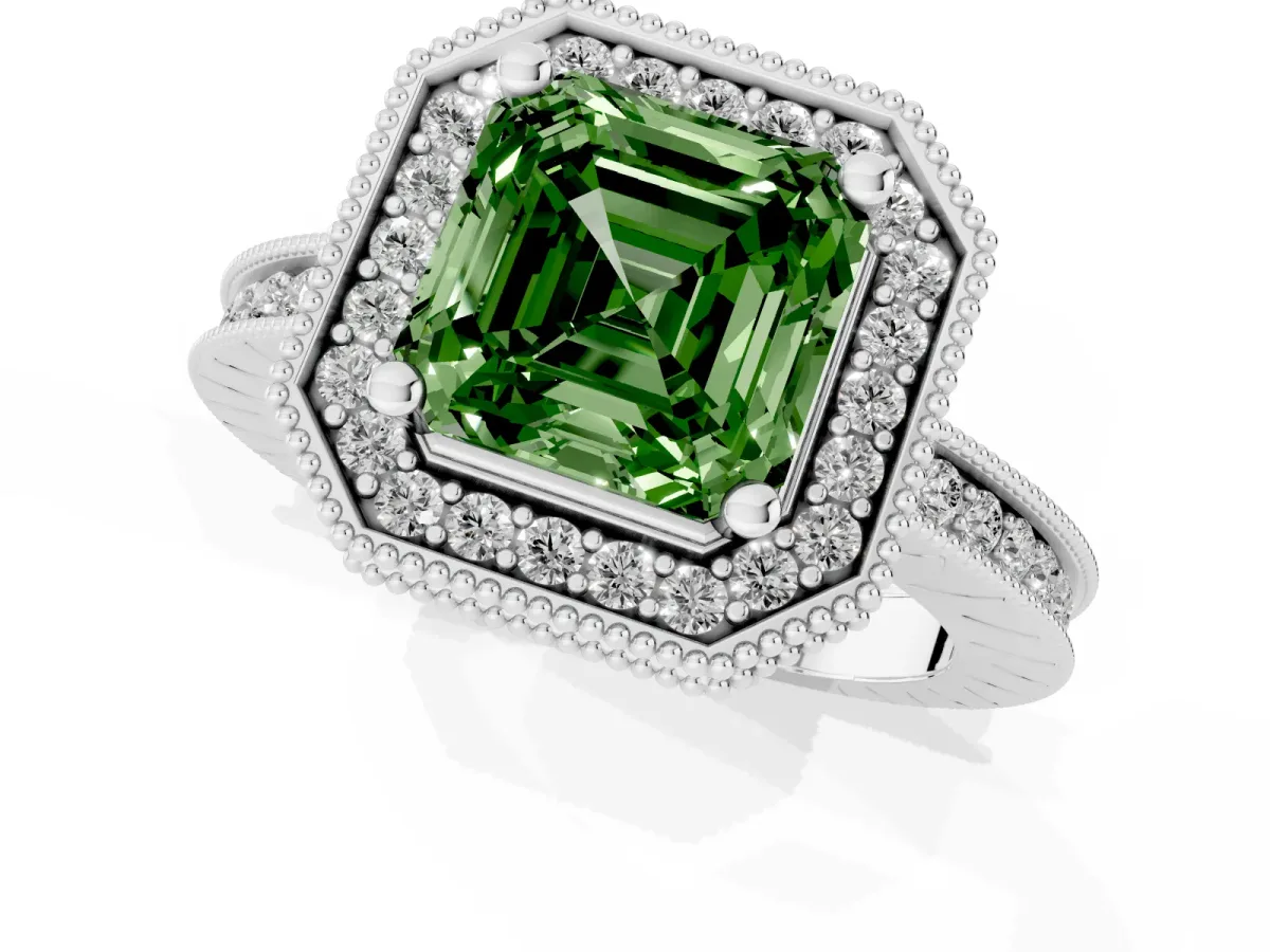 Fancy Green Asscher Cut Diamond Milgrain Halo Engagement Ring with Round Pavé Band and Prong Setting Platinum