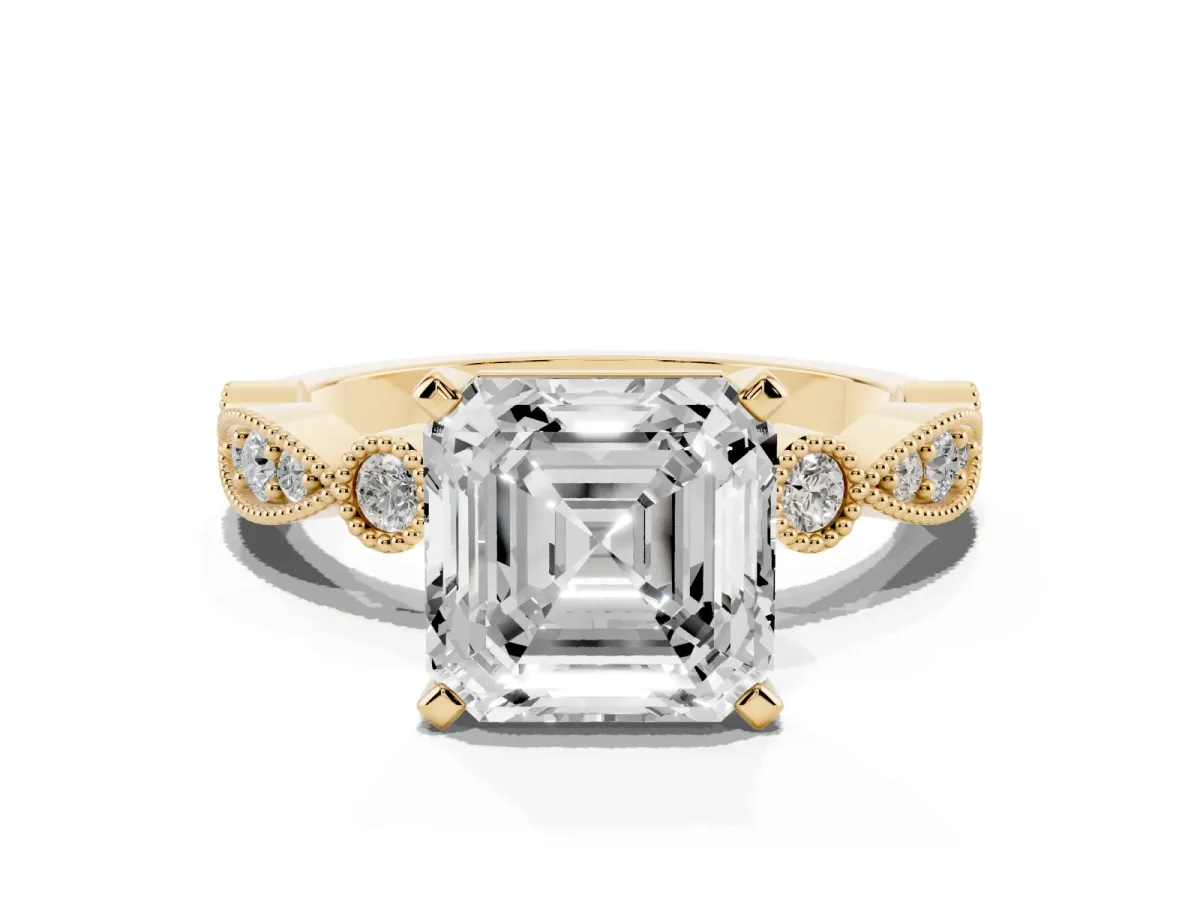 Asscher Cut Milgrain Bezel Diamond Engagement Ring with Solitaire Prong Setting Yellow gold