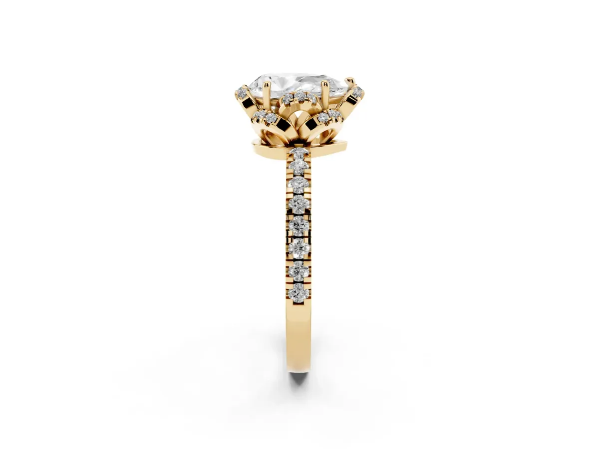 Pear Cut Halo Diamond Pave Band Ring with Four-Prong Setting Yellow gold
