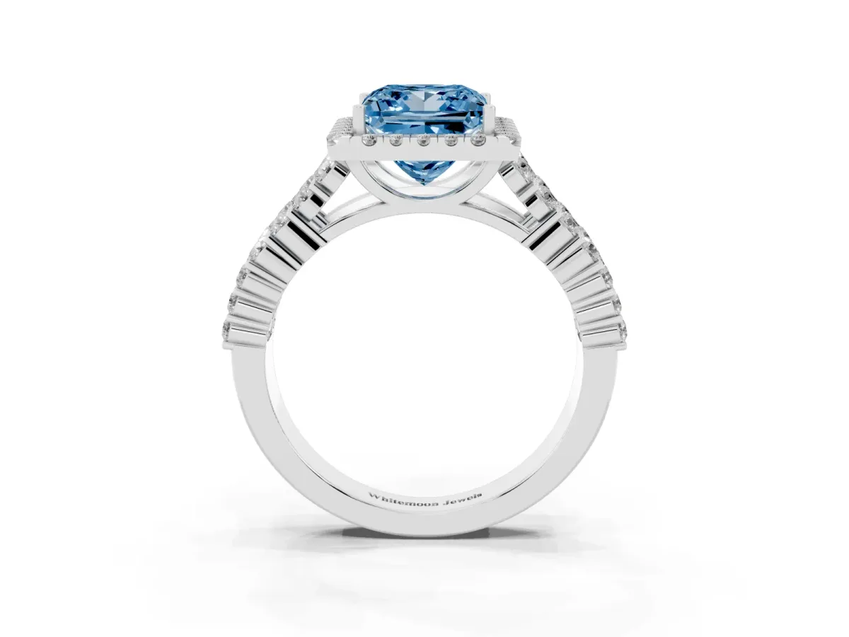 Fancy Blue Princess Cut Diamond Halo Engagement Ring with Triple Row Round Pavé Band and Prong Setting Silver