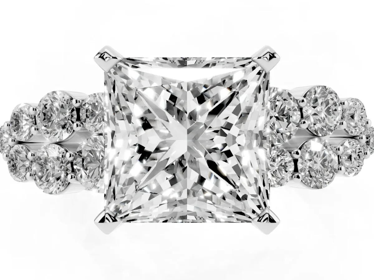 Princess Cut Cluster Diamond Engagement Ring with Pavé Band and Four-Prong Setting Platinum