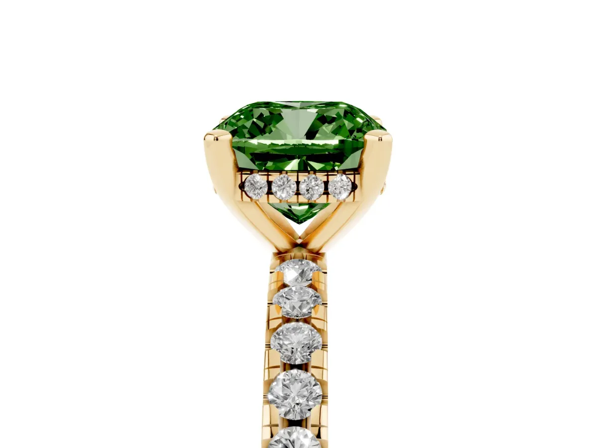 Fancy Green Cushion Cut Diamond Solitaire Ring with Round Pavé Band and Four-Prong Setting Yellow gold