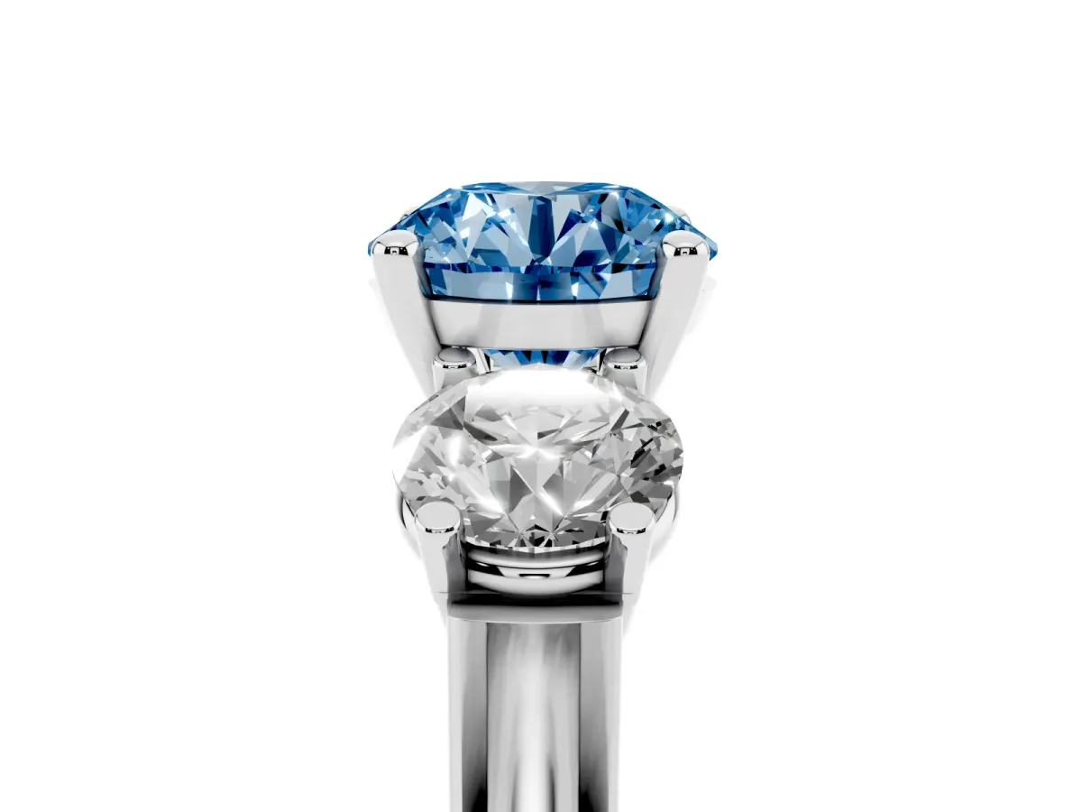 Fancy Blue Three-Stone Round Cut Brilliant Diamond Trellis Ring with Comfort Fit Band Platinum