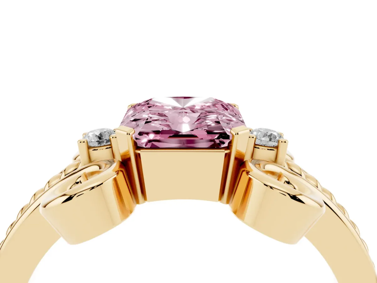 Fancy Pink Radiant Cut Solitaire Twisted Band Scroll Prong Ring Yellow gold