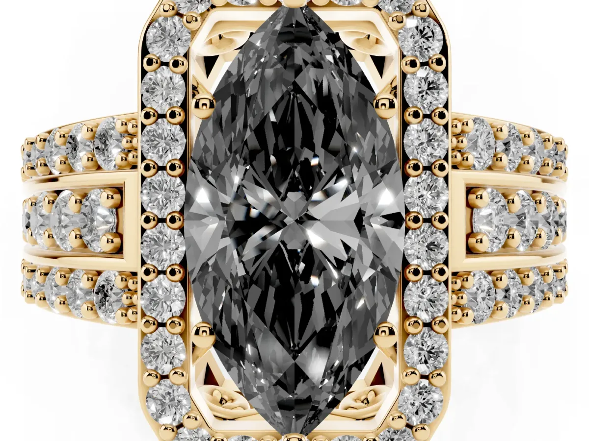 Fancy Black Marquise Cut Halo Diamond Ring with Round Split Shank and Prong Setting Yellow gold