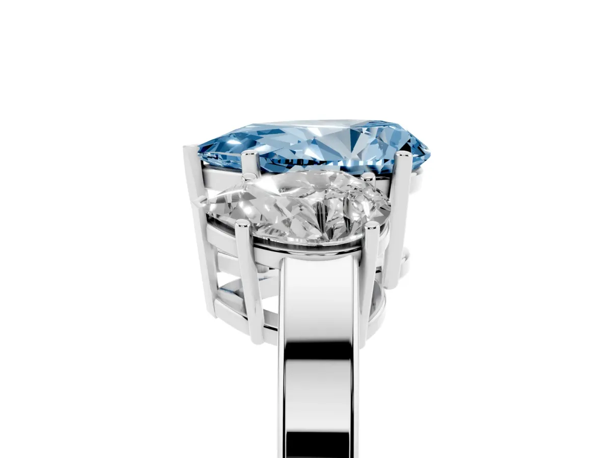 Fancy Blue Three-Stone Pear Cut Cut Diamond Engagement Ring with Flat Band and Four-Prong Setting Platinum