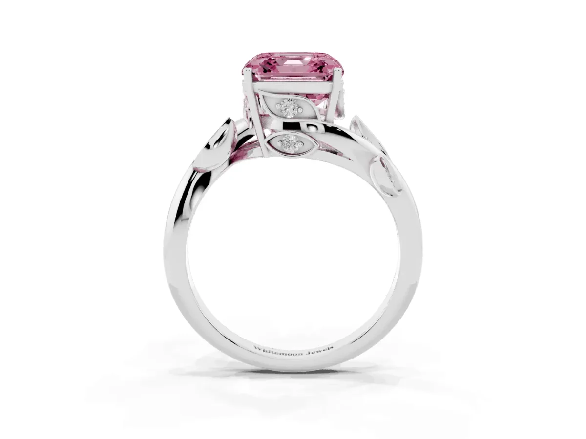Fancy Pink Asscher Cut Solitaire Twist Engagement Ring with Leaf Accents and Prong Setting Silver