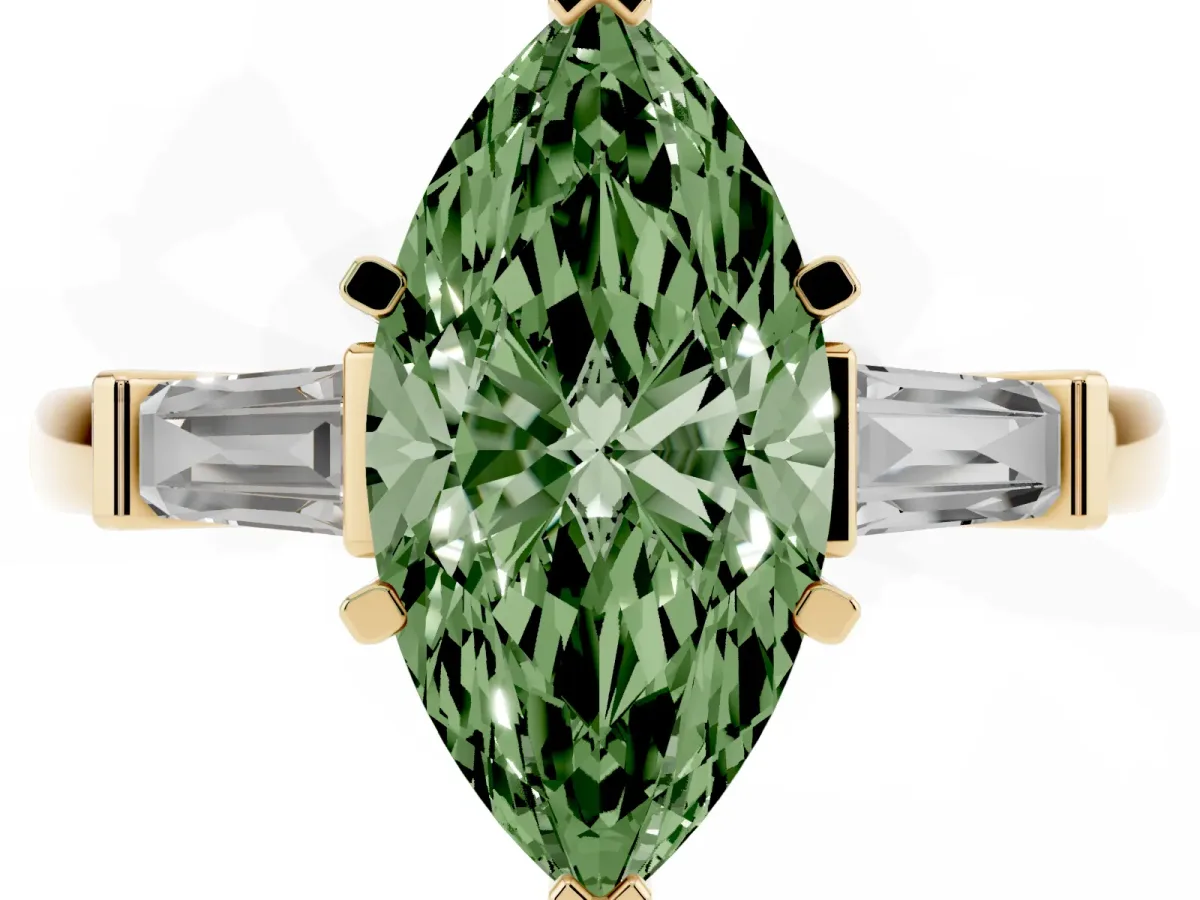 Fancy Green Marquise Cut Cut Diamond Solitaire Ring with Tapered Baguette Accents and Four-Prong Setting Yellow gold